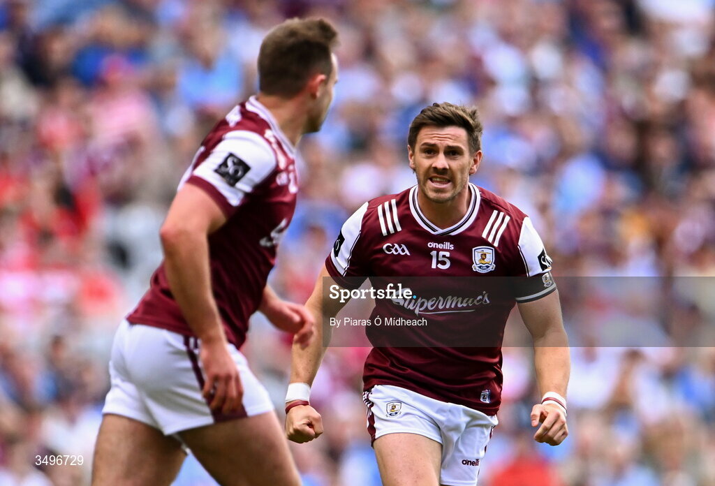 28 June 2026; Shane Walsh of Galway, right, celebrates with team-mate Cillian McDaid during the GAA Football All-Ireland Senior Championship quarter-final match between Dublin and Galway at Croke Park in Dublin. Photo by Piaras Ó Mídheach/Sportsfile