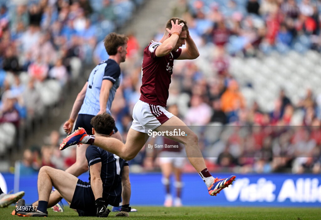 28 June 2026; Dylan McHugh of Galway reacts to a missed goal chance during the GAA Football All-Ireland Senior Championship quarter-final match between Dublin and Galway at Croke Park in Dublin. Photo by Sam Barnes/Sportsfile