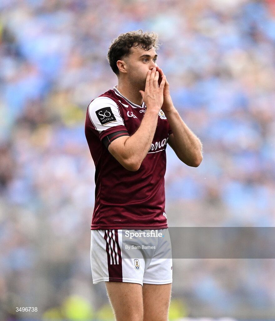 28 June 2026; Robert Finnerty of Galway reacts during the GAA Football All-Ireland Senior Championship quarter-final match between Dublin and Galway at Croke Park in Dublin. Photo by Sam Barnes/Sportsfile