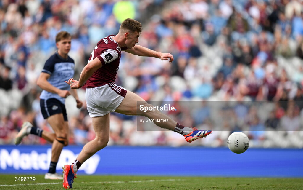 28 June 2026; Dylan McHugh of Galway shoots at goal during the GAA Football All-Ireland Senior Championship quarter-final match between Dublin and Galway at Croke Park in Dublin. Photo by Sam Barnes/Sportsfile