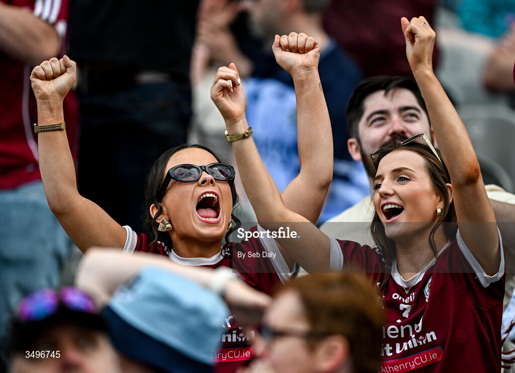 28 June 2026; Galway supporters celebrate during the GAA Football All-Ireland Senior Championship quarter-final match between Dublin and Galway at Croke Park in Dublin. Photo by Seb Daly/Sportsfile