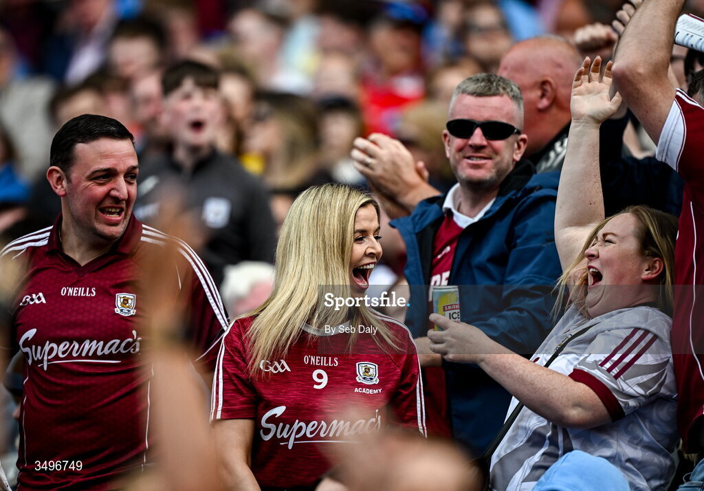 28 June 2026; Galway supporters celebrate during the GAA Football All-Ireland Senior Championship quarter-final match between Dublin and Galway at Croke Park in Dublin. Photo by Seb Daly/Sportsfile