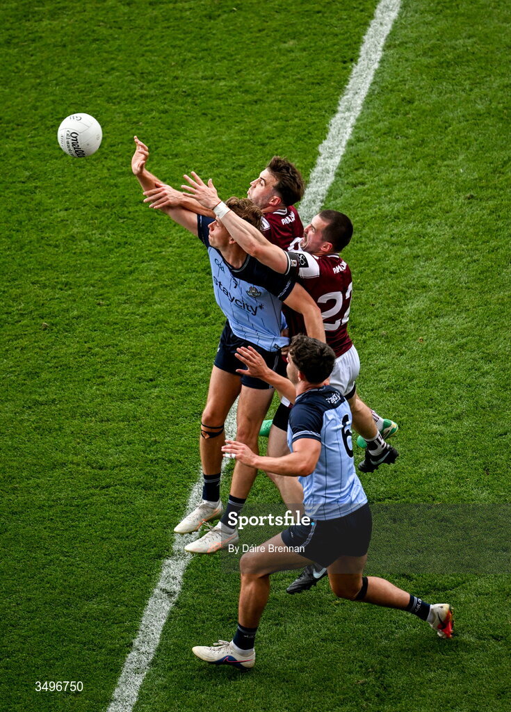28 June 2026; Charlie McMorrow, left, and Theo Clancy of Dublin in action against Paul Conroy, left, and Cein Darcy of Galway during the GAA Football All-Ireland Senior Championship quarter-final match between Dublin and Galway at Croke Park in Dublin. Photo by Daire Brennan/Sportsfile
