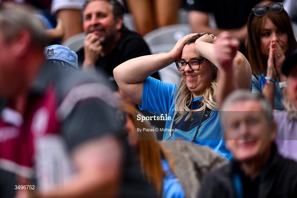 28 June 2026; A Dublin supporter reacts during the GAA Football All-Ireland Senior Championship quarter-final match between Dublin and Galway at Croke Park in Dublin. Photo by Piaras Ó Mídheach/Sportsfile