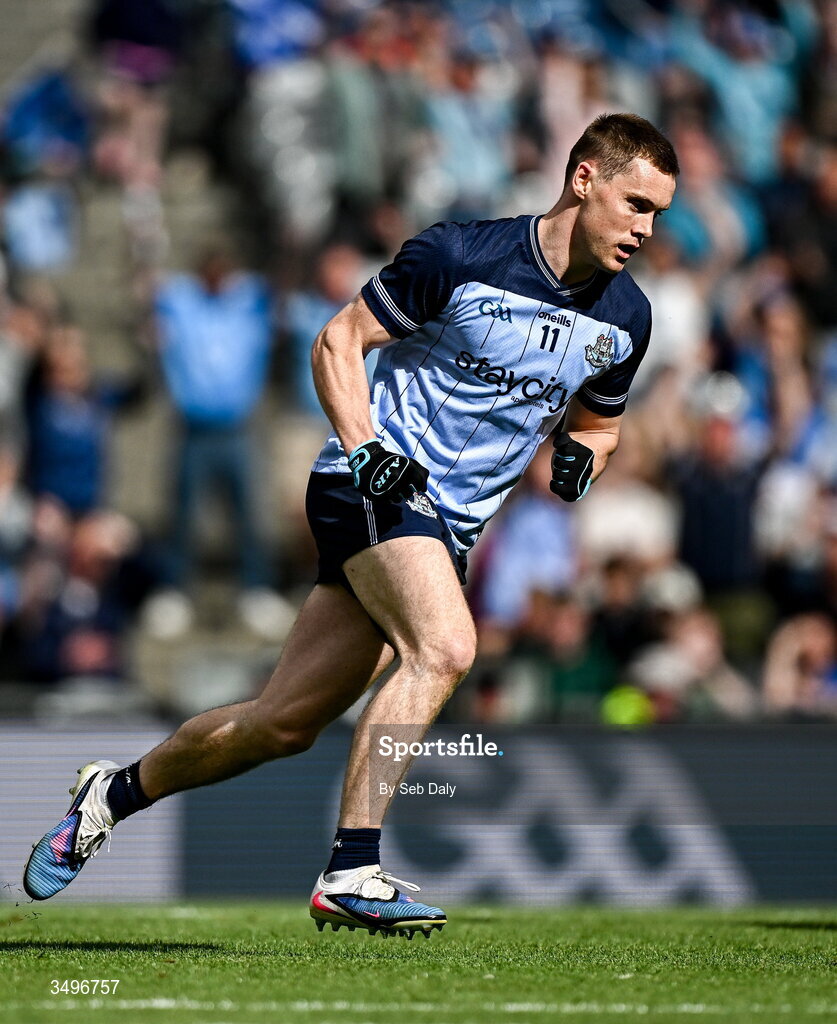 28 June 2026; Con O'Callaghan of Dublin after scoring his side's first goal during the GAA Football All-Ireland Senior Championship quarter-final match between Dublin and Galway at Croke Park in Dublin. Photo by Seb Daly/Sportsfile