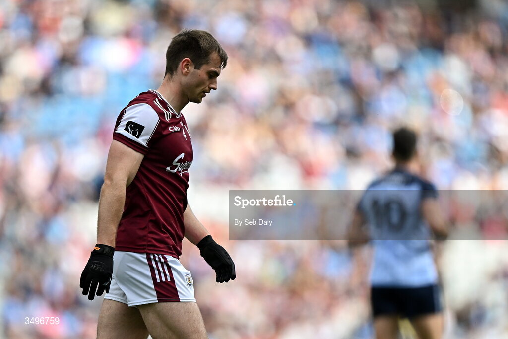 28 June 2026; Liam Silke of Galway leaves the pitch after being shown a black card during the GAA Football All-Ireland Senior Championship quarter-final match between Dublin and Galway at Croke Park in Dublin. Photo by Seb Daly/Sportsfile
