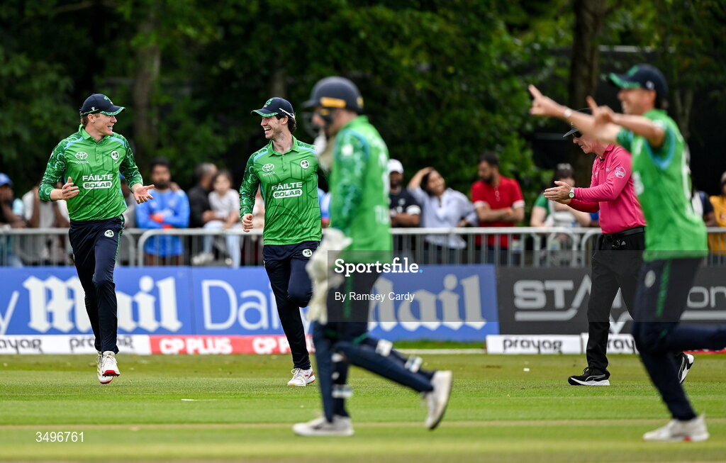 28 June 2026; George Dockrell of Ireland celebrates taking the wicket of Shivam Dube of India during match two of the Spinny Cup Men's T20 International series between Ireland and India at Stormont in Belfast.  Photo by Ramsey Cardy/Sportsfile