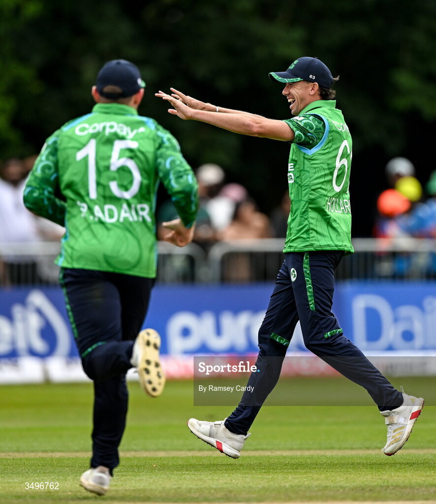 28 June 2026; Matthew Hollard of Ireland celebrates the wicket of Shivam Dube of India during match two of the Spinny Cup Men's T20 International series between Ireland and India at Stormont in Belfast.  Photo by Ramsey Cardy/Sportsfile
