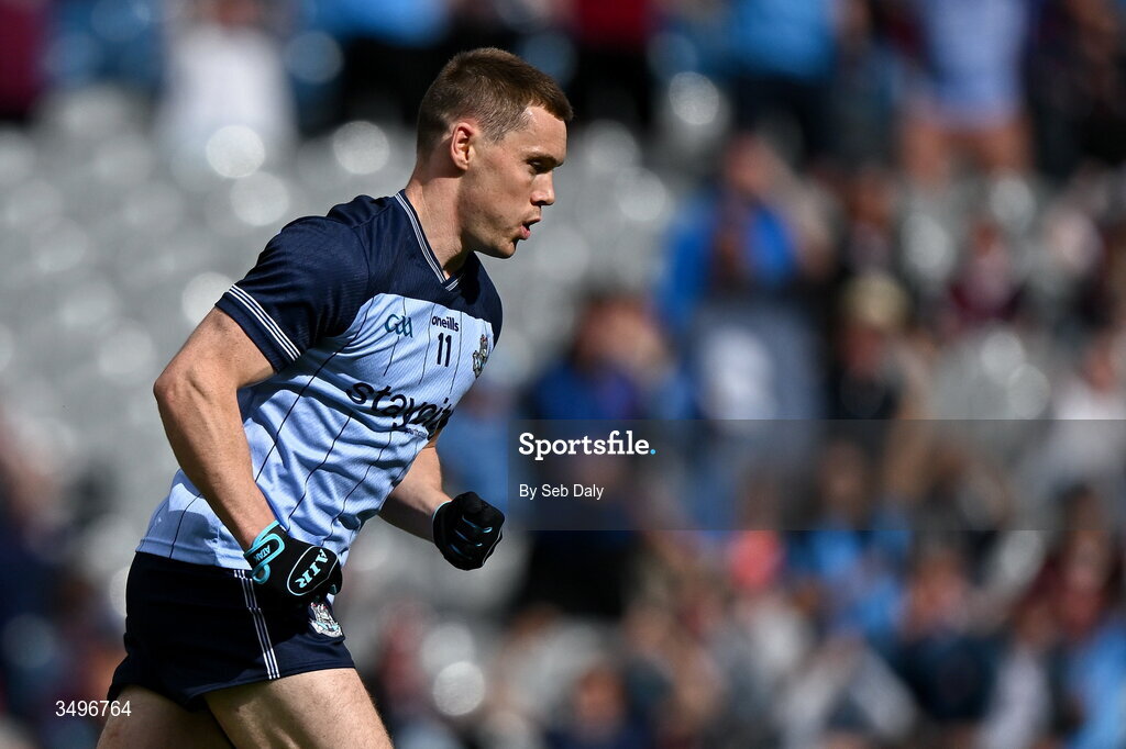 28 June 2026; Con O'Callaghan of Dublin after scoring his side's first goal during the GAA Football All-Ireland Senior Championship quarter-final match between Dublin and Galway at Croke Park in Dublin. Photo by Seb Daly/Sportsfile