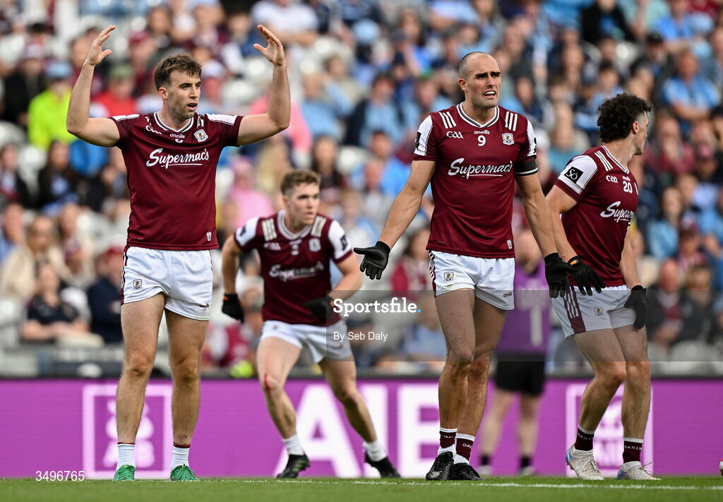 28 June 2026; Galway players Paul Conroy, left, and John Maher react during the GAA Football All-Ireland Senior Championship quarter-final match between Dublin and Galway at Croke Park in Dublin. Photo by Seb Daly/Sportsfile