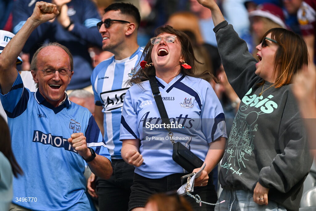 28 June 2026; Dublin supporters celebrate their side's first goal, a penalty from Con O'Callaghan, during the GAA Football All-Ireland Senior Championship quarter-final match between Dublin and Galway at Croke Park in Dublin. Photo by Piaras Ó Mídheach/Sportsfile