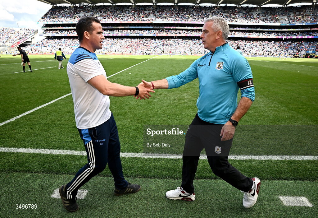 28 June 2026; Dublin manager Ger Brennan, left, and Galway manager Pádraic Joyce shake hands after the GAA Football All-Ireland Senior Championship quarter-final match between Dublin and Galway at Croke Park in Dublin. Photo by Seb Daly/Sportsfile