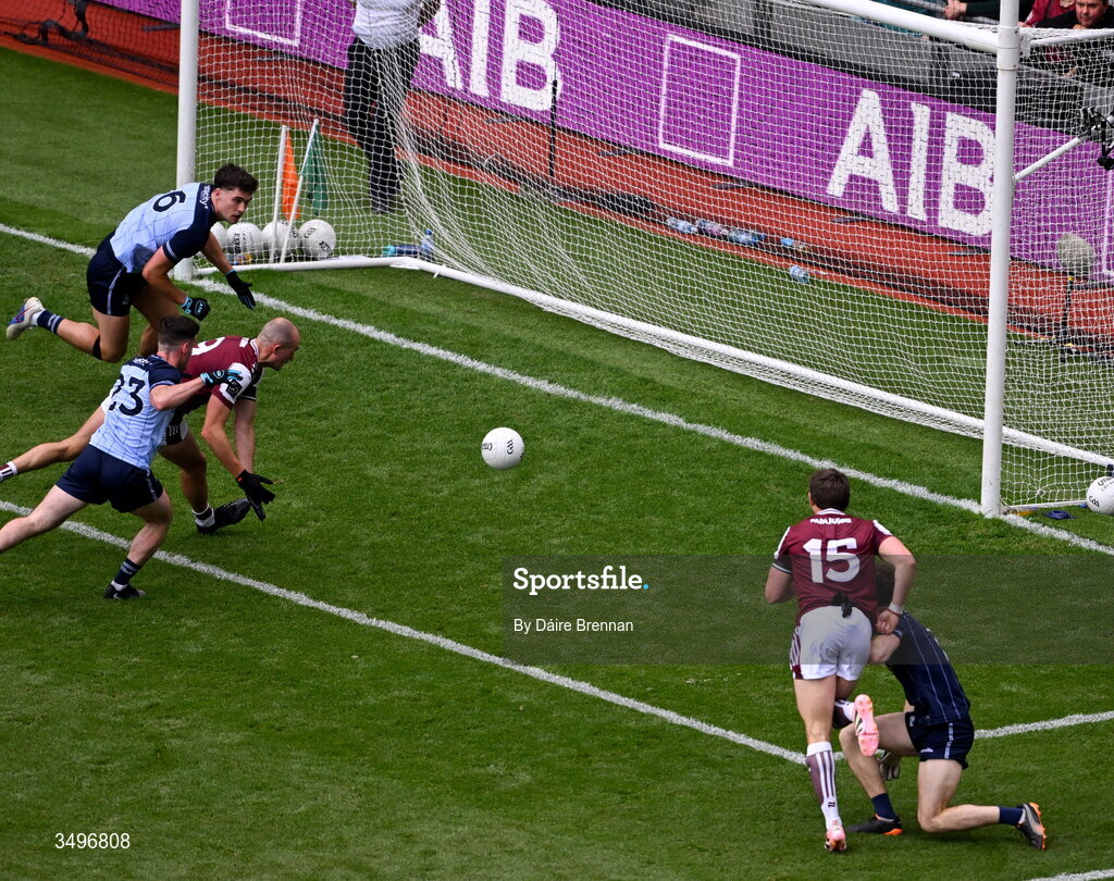 28 June 2026; John Maher of Galway scores his side's first goal during the GAA Football All-Ireland Senior Championship quarter-final match between Dublin and Galway at Croke Park in Dublin. Photo by Daire Brennan/Sportsfile