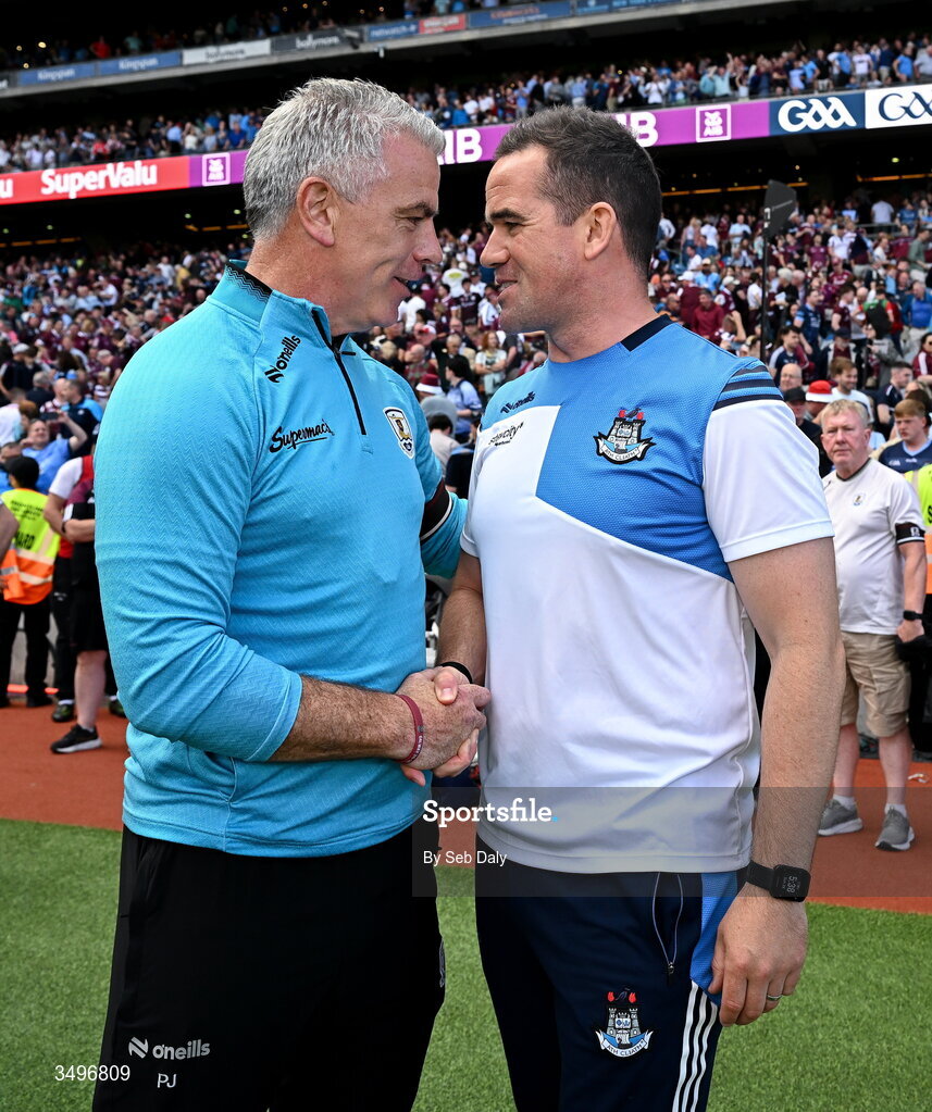 28 June 2026; Dublin manager Ger Brennan, right, and Galway manager Pádraic Joyce shake hands after the GAA Football All-Ireland Senior Championship quarter-final match between Dublin and Galway at Croke Park in Dublin. Photo by Seb Daly/Sportsfile