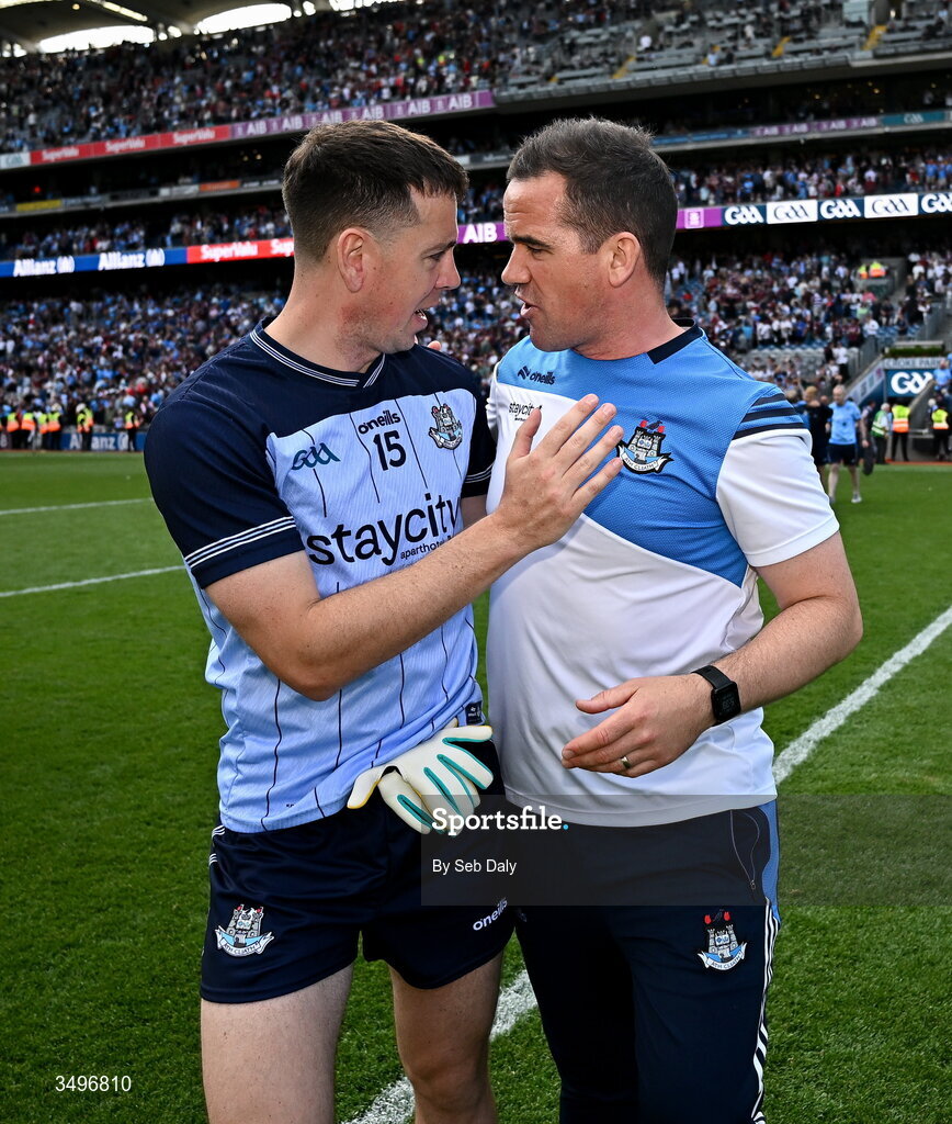 28 June 2026; Dublin manager Ger Brennan and Cormac Costello after their side's victory in the GAA Football All-Ireland Senior Championship quarter-final match between Dublin and Galway at Croke Park in Dublin. Photo by Seb Daly/Sportsfile