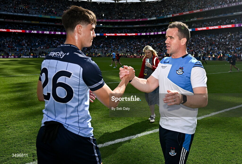 28 June 2026; Dublin manager Ger Brennan and Tim Deering after their side's victory in the GAA Football All-Ireland Senior Championship quarter-final match between Dublin and Galway at Croke Park in Dublin. Photo by Seb Daly/Sportsfile