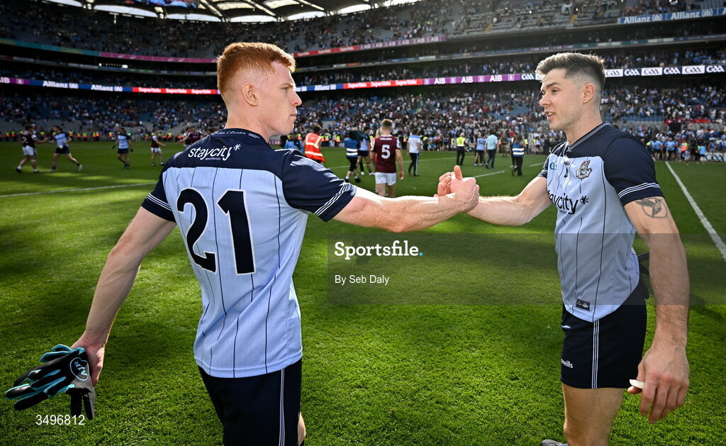 28 June 2026; Dublin players Seán Guiden, left, and David Byrne after their side's victory in the GAA Football All-Ireland Senior Championship quarter-final match between Dublin and Galway at Croke Park in Dublin. Photo by Seb Daly/Sportsfile