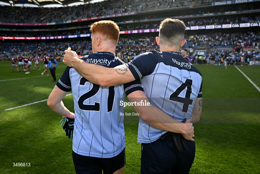 28 June 2026; Dublin players Seán Guiden, left, and David Byrne after their side's victory in the GAA Football All-Ireland Senior Championship quarter-final match between Dublin and Galway at Croke Park in Dublin. Photo by Seb Daly/Sportsfile