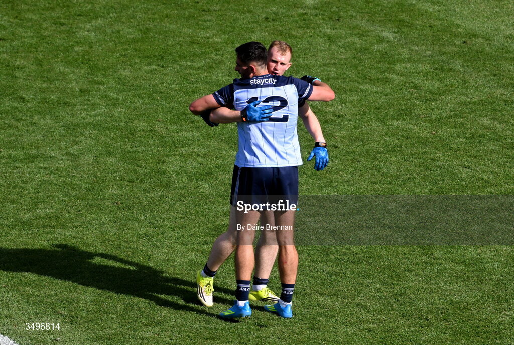 28 June 2026; Niall Scully, left, and Josh Bannon of Dublin celebrate after the GAA Football All-Ireland Senior Championship quarter-final match between Dublin and Galway at Croke Park in Dublin. Photo by Daire Brennan/Sportsfile