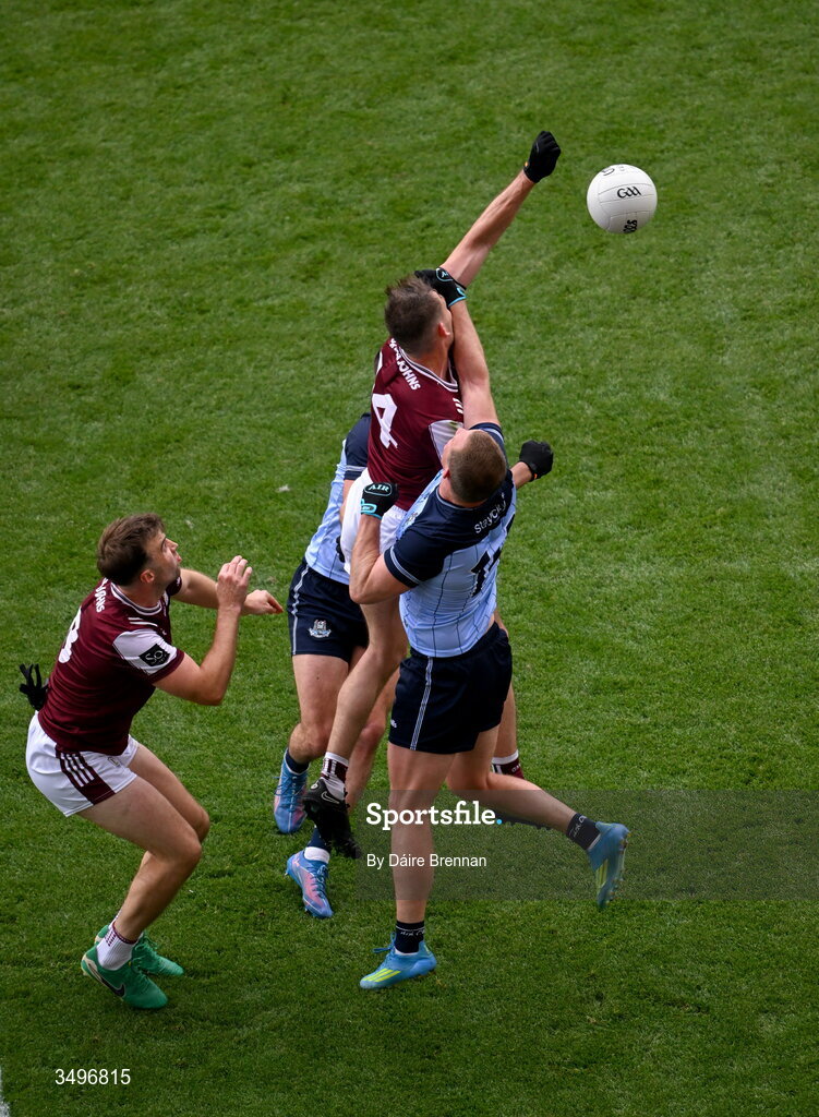28 June 2026; Matthew Tierney of Galway in action against Ciaran Kilkenny of Dublin during the GAA Football All-Ireland Senior Championship quarter-final match between Dublin and Galway at Croke Park in Dublin. Photo by Daire Brennan/Sportsfile