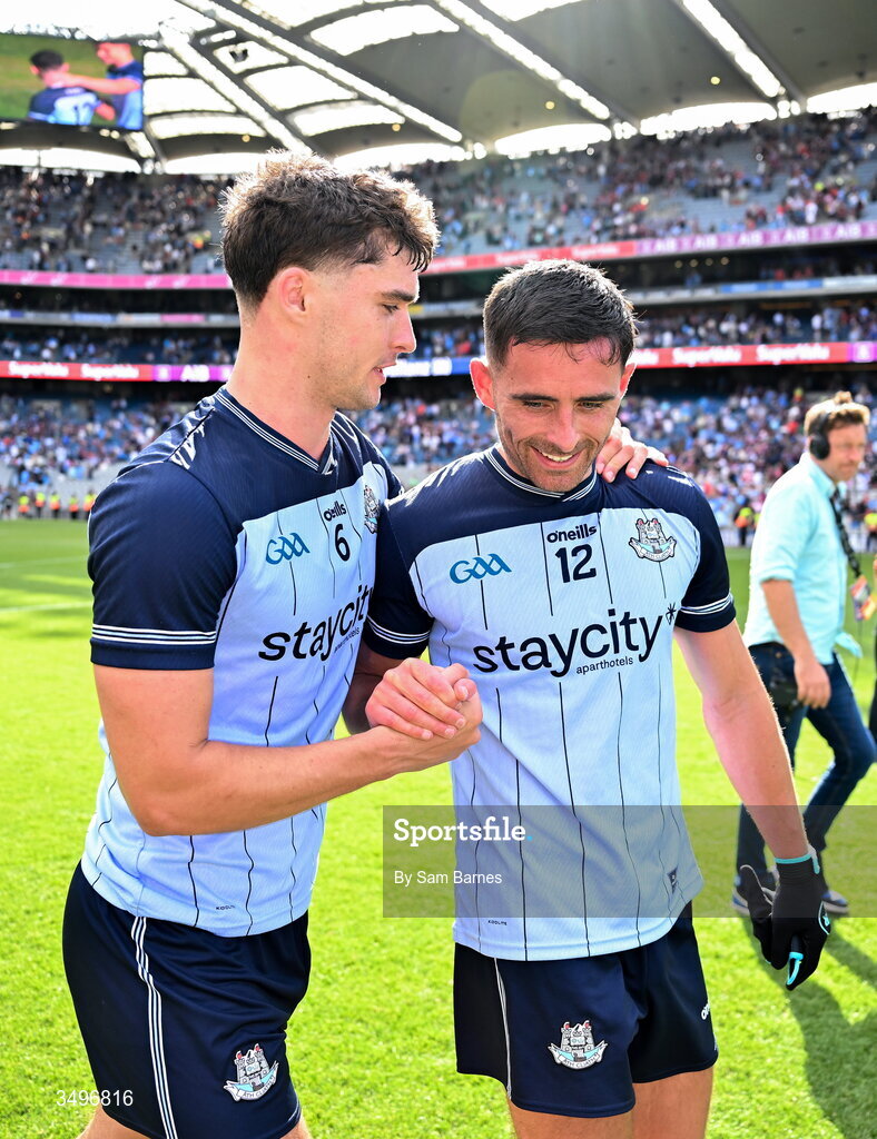 28 June 2026; Theo Clancy of Dublin, left, and teammate Niall Scully celebrate after their side's victory in the GAA Football All-Ireland Senior Championship quarter-final match between Dublin and Galway at Croke Park in Dublin. Photo by Sam Barnes/Sportsfile
