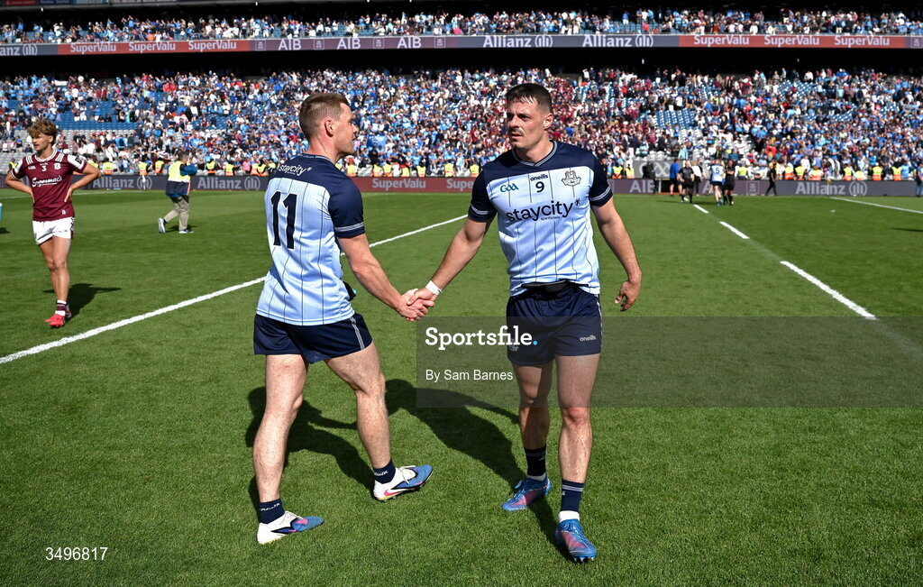 28 June 2026; Brian Howard of Dublin, right, and teammate Con O'Callaghan after their side's victory in the GAA Football All-Ireland Senior Championship quarter-final match between Dublin and Galway at Croke Park in Dublin. Photo by Sam Barnes/Sportsfile