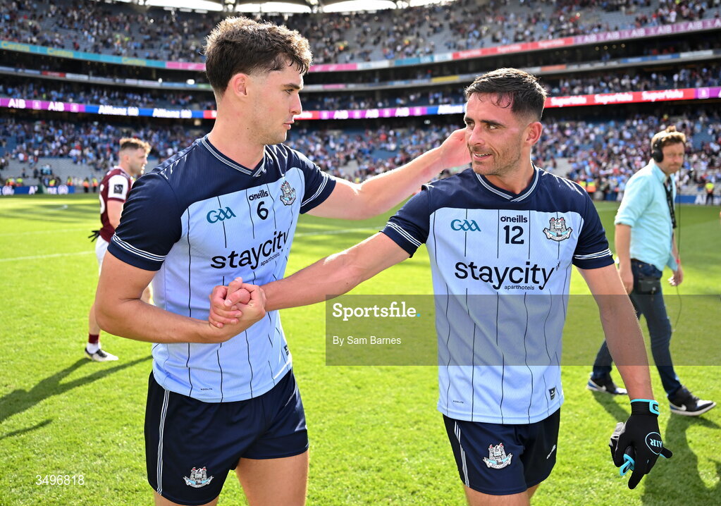 28 June 2026; Theo Clancy of Dublin, left, and teammate Niall Scully celebrate after their side's victory in the GAA Football All-Ireland Senior Championship quarter-final match between Dublin and Galway at Croke Park in Dublin. Photo by Sam Barnes/Sportsfile
