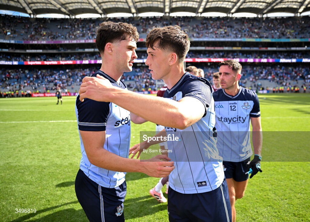 28 June 2026; Theo Clancy of Dublin, left, and teammate Tim Deering celebrate after their side's victory in the GAA Football All-Ireland Senior Championship quarter-final match between Dublin and Galway at Croke Park in Dublin. Photo by Sam Barnes/Sportsfile
