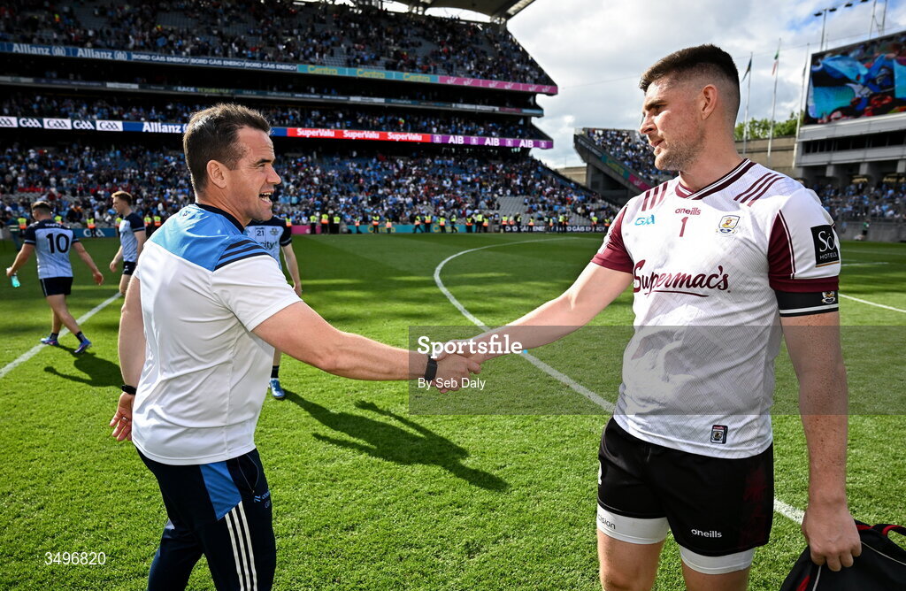 28 June 2026; Dublin manager Ger Brennan, left, shakes hands with Galway goalkeeper Connor Gleeson after the GAA Football All-Ireland Senior Championship quarter-final match between Dublin and Galway at Croke Park in Dublin. Photo by Seb Daly/Sportsfile