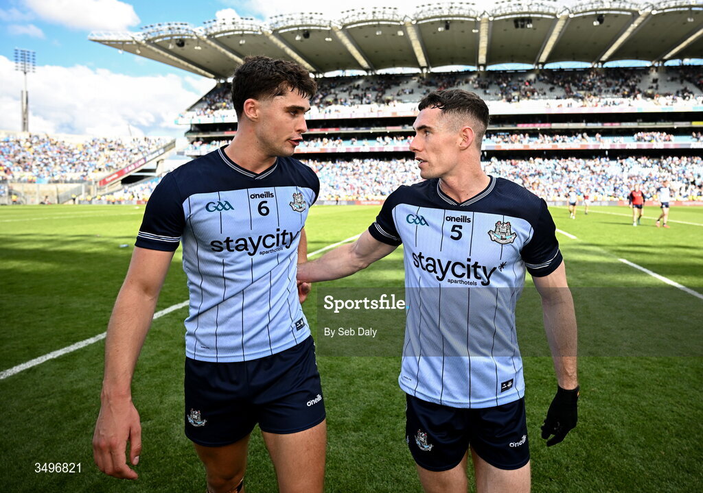 28 June 2026; Dublin players Theo Clancy, left, and Lee Gannon after their side's victory in the GAA Football All-Ireland Senior Championship quarter-final match between Dublin and Galway at Croke Park in Dublin. Photo by Seb Daly/Sportsfile