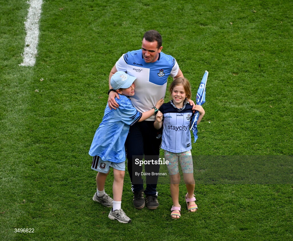28 June 2026; Dublin manager Ger Brennan celebrates with his son Patrick and daughter Aoibheann after the GAA Football All-Ireland Senior Championship quarter-final match between Dublin and Galway at Croke Park in Dublin. Photo by Daire Brennan/Sportsfile