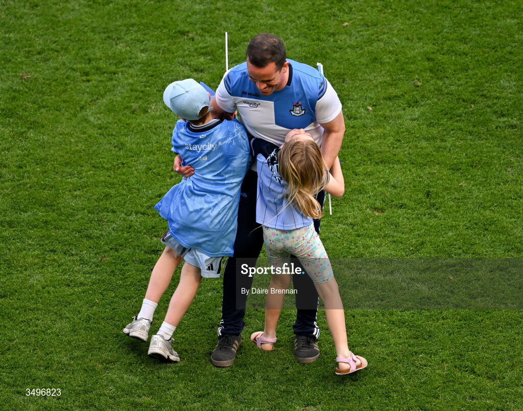 28 June 2026; Dublin manager Ger Brennan celebrates with his son Patrick and daughter Aoibheann after the GAA Football All-Ireland Senior Championship quarter-final match between Dublin and Galway at Croke Park in Dublin. Photo by Daire Brennan/Sportsfile