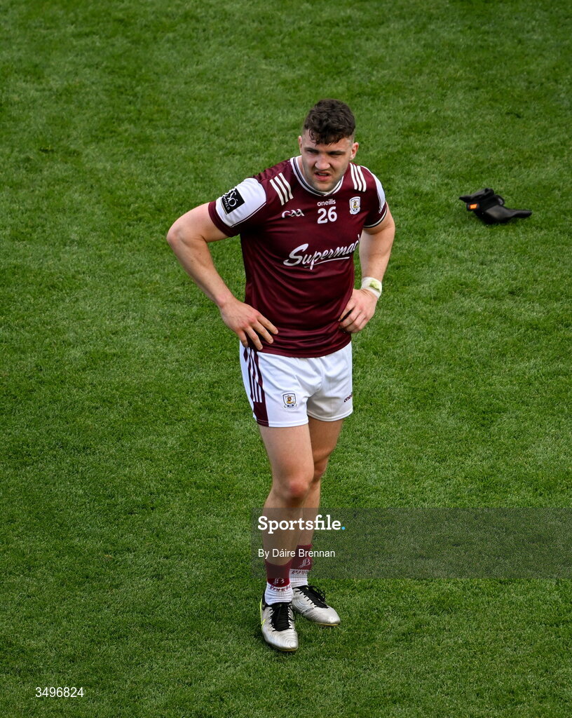28 June 2026; A dejected Damien Comer of Galway after the GAA Football All-Ireland Senior Championship quarter-final match between Dublin and Galway at Croke Park in Dublin. Photo by Daire Brennan/Sportsfile