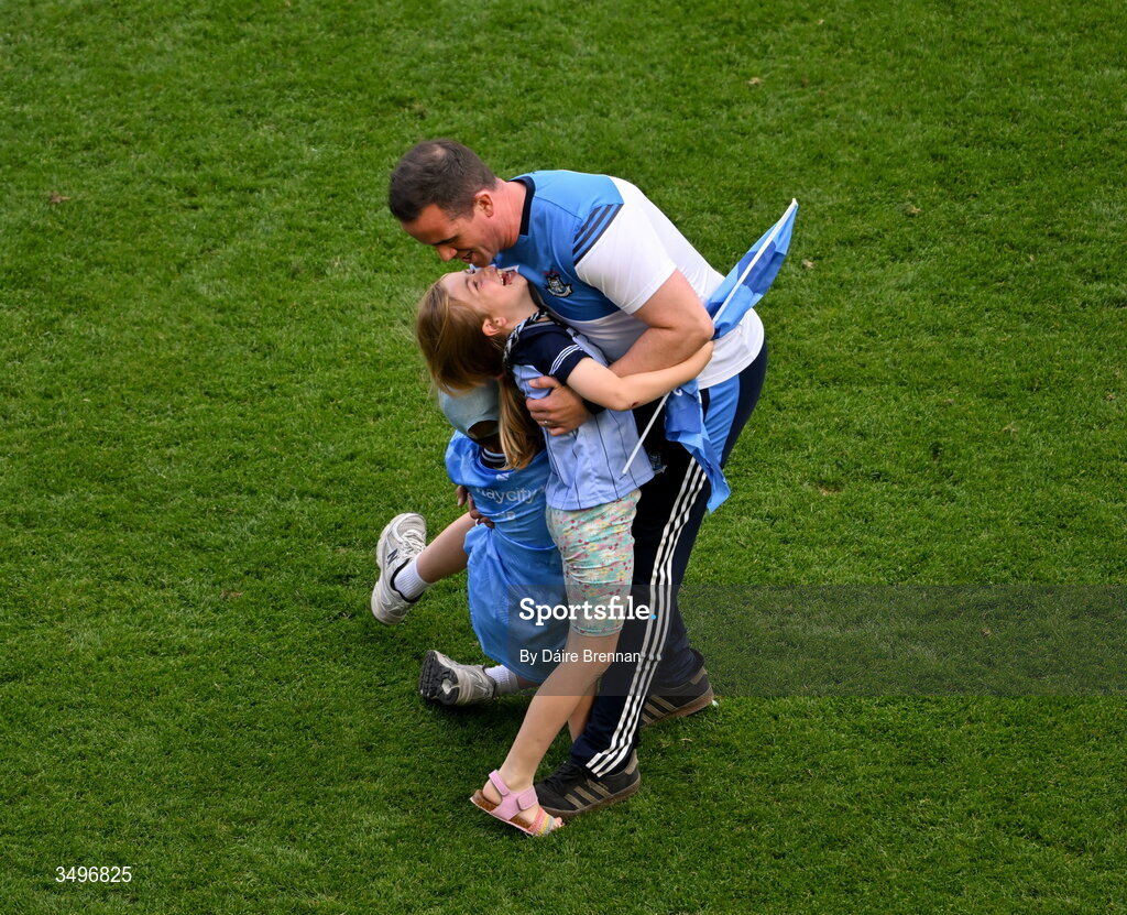 28 June 2026; Dublin manager Ger Brennan celebrates with his son Patrick and daughter Aoibheann after the GAA Football All-Ireland Senior Championship quarter-final match between Dublin and Galway at Croke Park in Dublin. Photo by Daire Brennan/Sportsfile