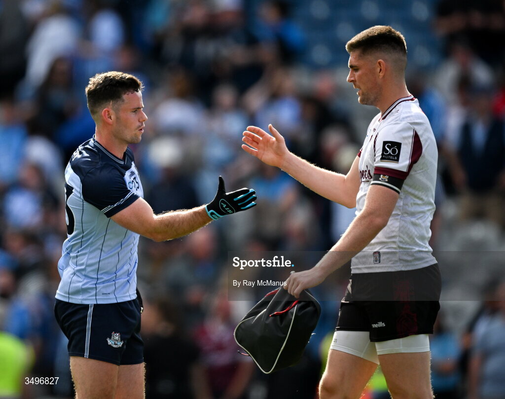 28 June 2026; Ross McGarry of Dublin and Galway goalkeeper Connor Gleeson after the GAA Football All-Ireland Senior Championship quarter-final match between Dublin and Galway at Croke Park in Dublin. Photo by Ray McManus/Sportsfile