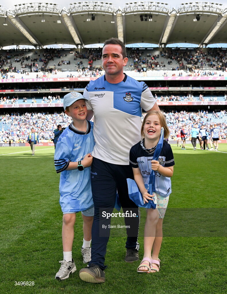 28 June 2026; Dublin manager Ger Brennan with  his children Patrick and Aoibheann after his side's victory in the GAA Football All-Ireland Senior Championship quarter-final match between Dublin and Galway at Croke Park in Dublin. Photo by Sam Barnes/Sportsfile