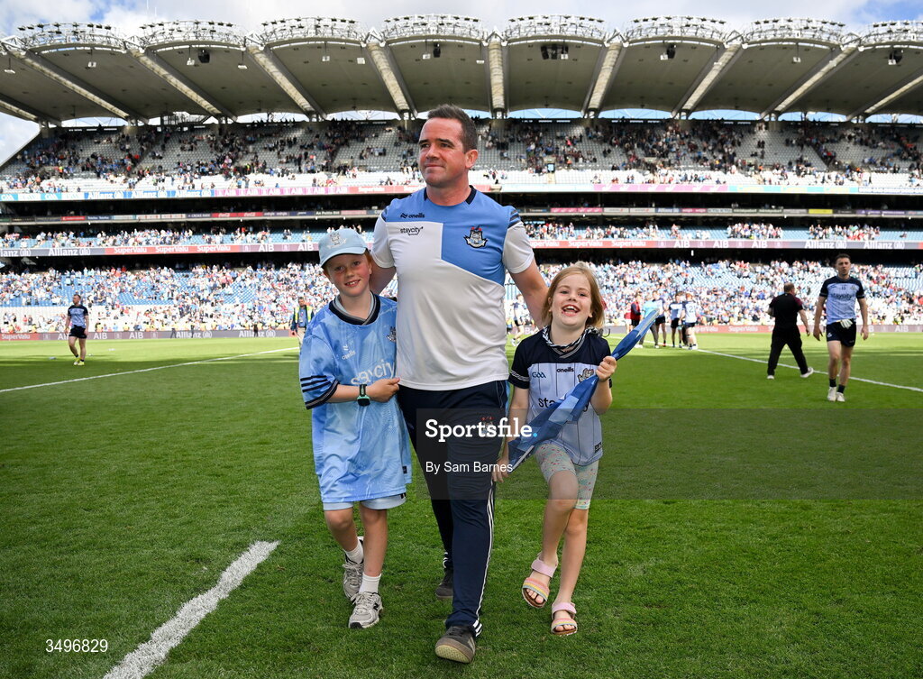 28 June 2026; Dublin manager Ger Brennan with  his children Patrick and Aoibheann after his side's victory in the GAA Football All-Ireland Senior Championship quarter-final match between Dublin and Galway at Croke Park in Dublin. Photo by Sam Barnes/Sportsfile