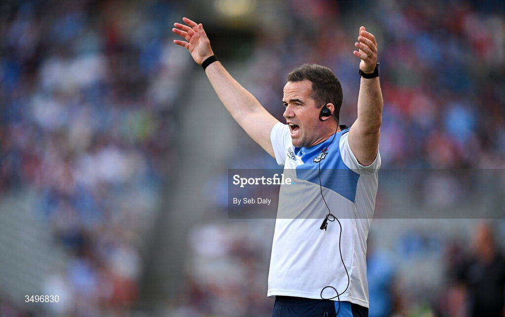 28 June 2026; Dublin manager Ger Brennan reacts during the GAA Football All-Ireland Senior Championship quarter-final match between Dublin and Galway at Croke Park in Dublin. Photo by Seb Daly/Sportsfile