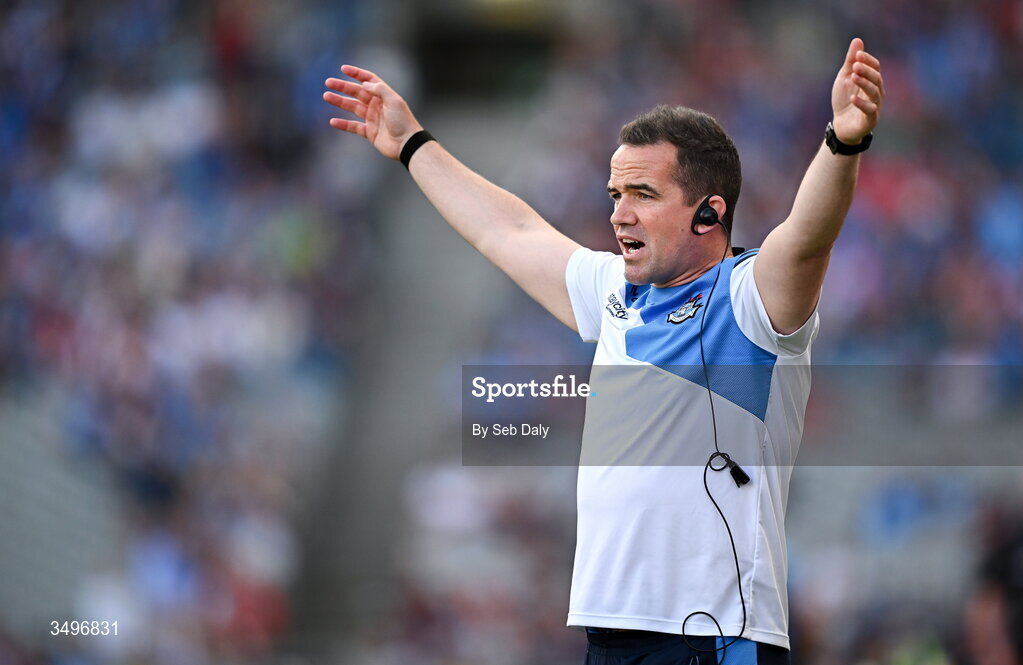 28 June 2026; Dublin manager Ger Brennan reacts during the GAA Football All-Ireland Senior Championship quarter-final match between Dublin and Galway at Croke Park in Dublin. Photo by Seb Daly/Sportsfile
