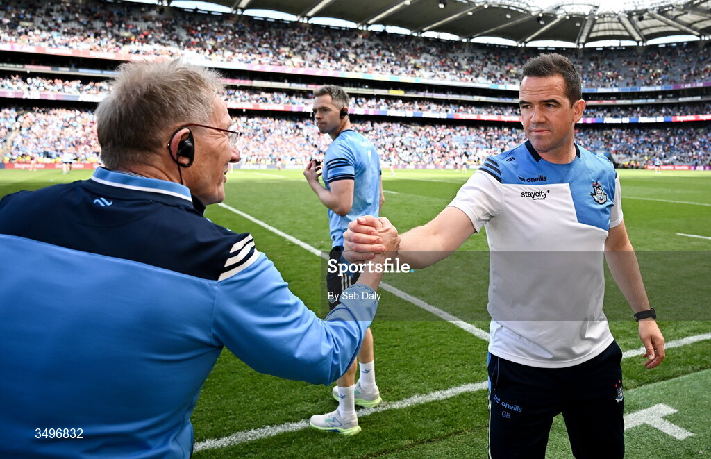 28 June 2026; Dublin manager Ger Brennan, right, shakes hands with selector Niall Moyna after the GAA Football All-Ireland Senior Championship quarter-final match between Dublin and Galway at Croke Park in Dublin. Photo by Seb Daly/Sportsfile