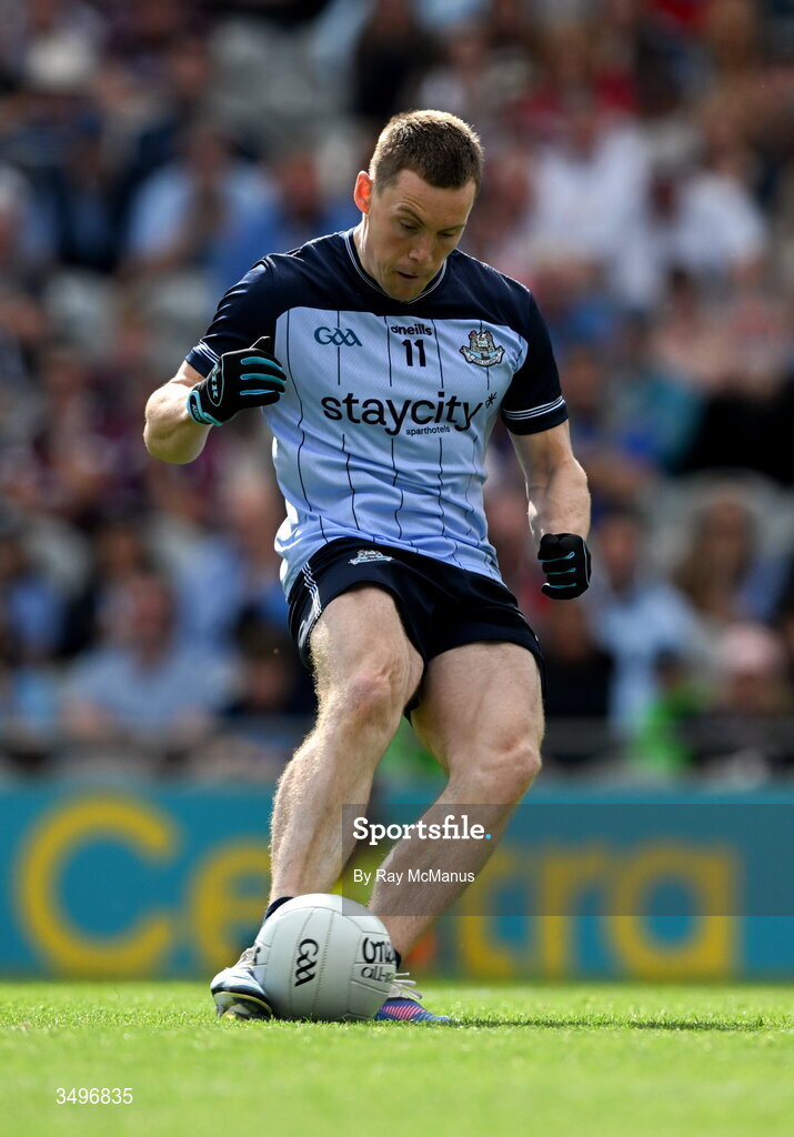 28 June 2026; Con O'Callaghan of Dublin kicks a penalty during the GAA Football All-Ireland Senior Championship quarter-final match between Dublin and Galway at Croke Park in Dublin. Photo by Ray McManus/Sportsfile