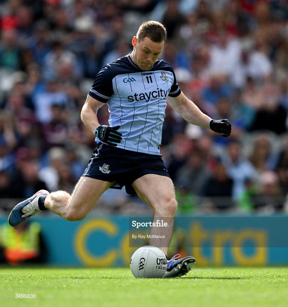 28 June 2026; Con O'Callaghan of Dublin kicks a penalty during the GAA Football All-Ireland Senior Championship quarter-final match between Dublin and Galway at Croke Park in Dublin. Photo by Ray McManus/Sportsfile
