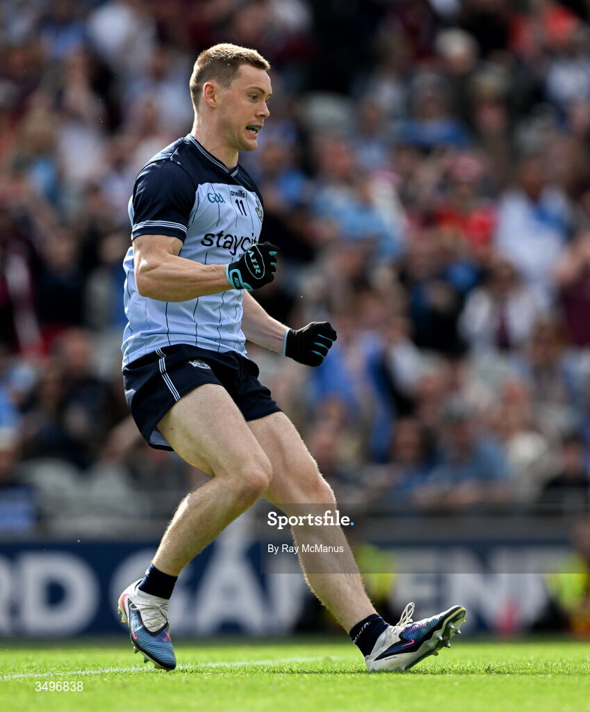 28 June 2026; Con O'Callaghan of Dublin celebrates scoring a penalty during the GAA Football All-Ireland Senior Championship quarter-final match between Dublin and Galway at Croke Park in Dublin. Photo by Ray McManus/Sportsfile