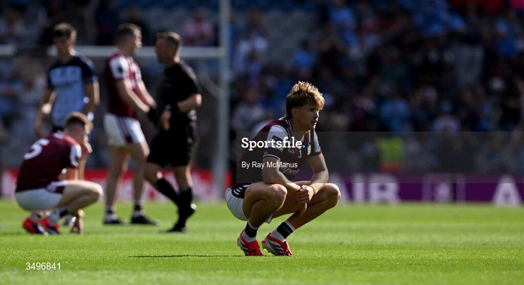 28 June 2026; Cian Hernon of Galway after the final hooter in the GAA Football All-Ireland Senior Championship quarter-final match between Dublin and Galway at Croke Park in Dublin. Photo by Ray McManus/Sportsfile