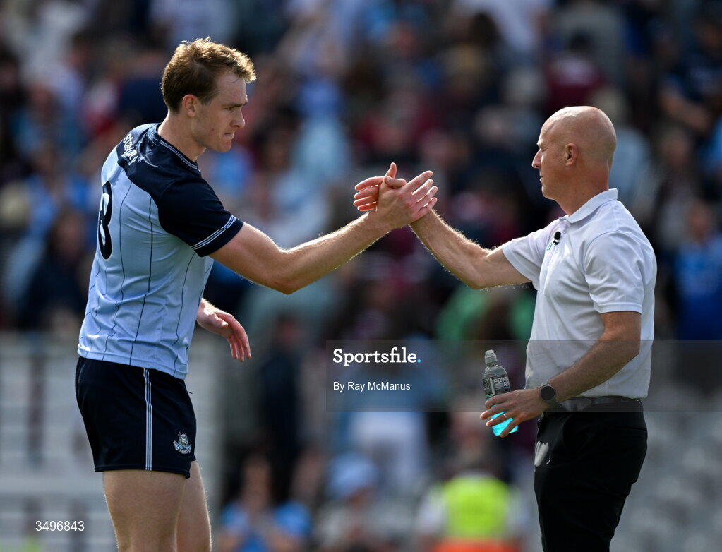 28 June 2026; Peadar Ó Cofaigh Byrne of Dublin shates hands with a score umpire after the GAA Football All-Ireland Senior Championship quarter-final match between Dublin and Galway at Croke Park in Dublin. Photo by Ray McManus/Sportsfile