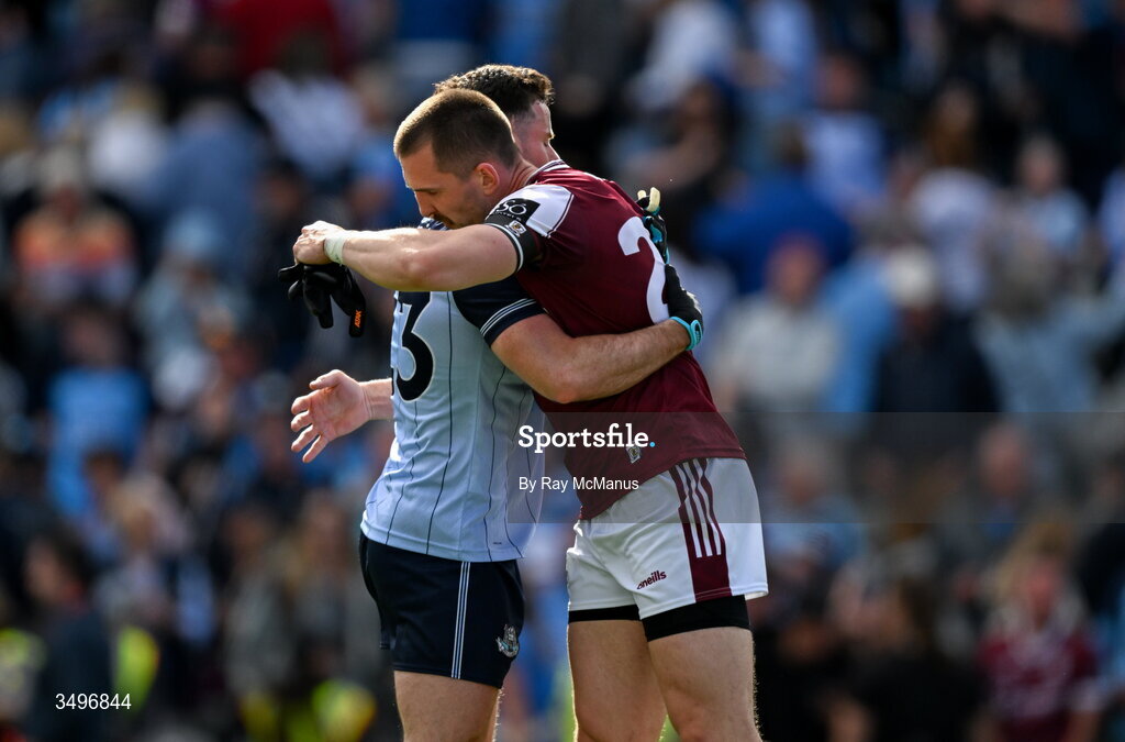 28 June 2026; Ross McGarry of Dublin and Cein Darcy of Galway after the GAA Football All-Ireland Senior Championship quarter-final match between Dublin and Galway at Croke Park in Dublin. Photo by Ray McManus/Sportsfile