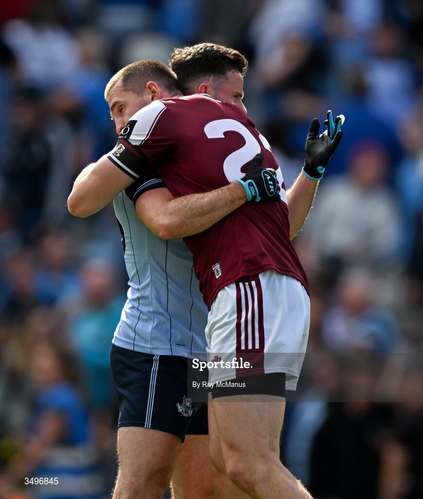 28 June 2026; Ross McGarry of Dublin and Cein Darcy of Galway after the GAA Football All-Ireland Senior Championship quarter-final match between Dublin and Galway at Croke Park in Dublin. Photo by Ray McManus/Sportsfile