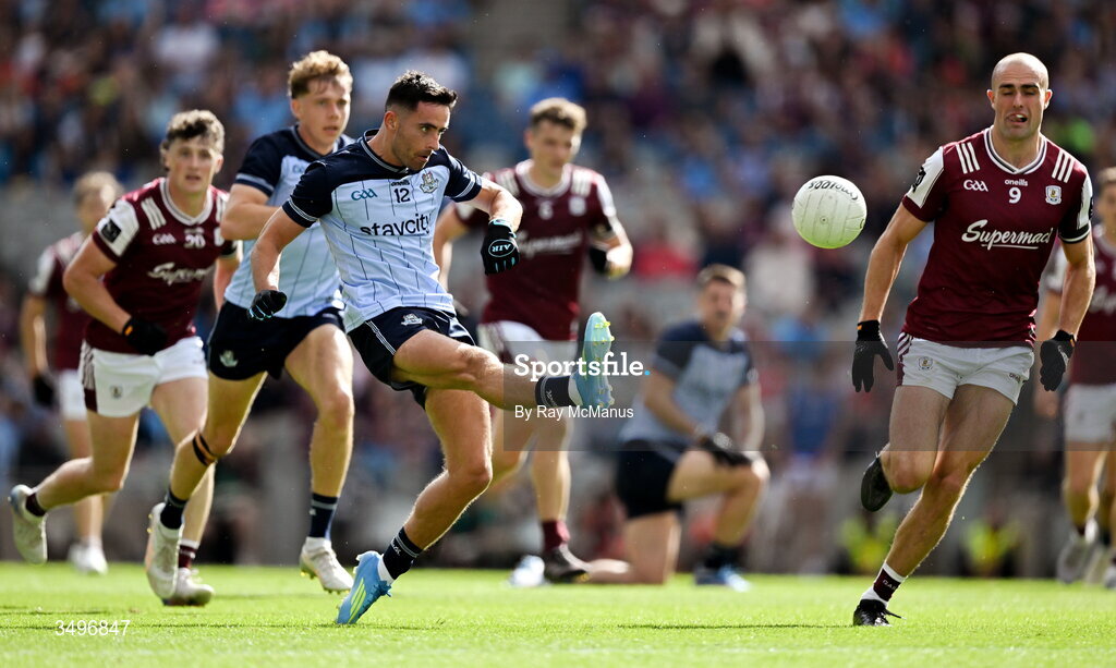 28 June 2026; Niall Scully of Dublin in action against John Maher of Galway during the GAA Football All-Ireland Senior Championship quarter-final match between Dublin and Galway at Croke Park in Dublin. Photo by Ray McManus/Sportsfile