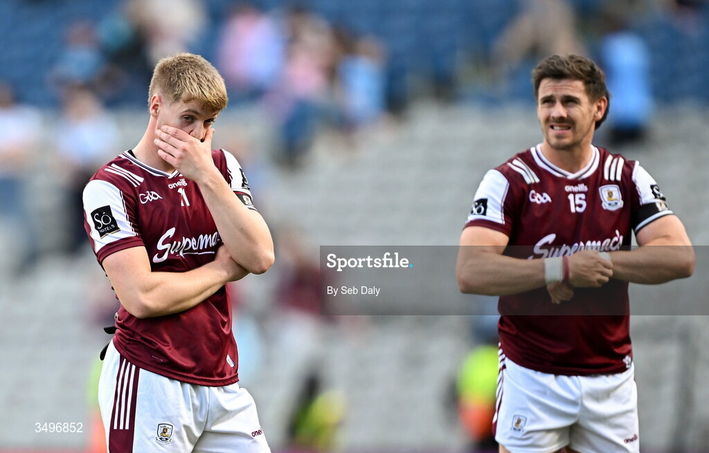 28 June 2026; Galway players Shane McGrath, left, and Shane Walsh after their side's defeat in the GAA Football All-Ireland Senior Championship quarter-final match between Dublin and Galway at Croke Park in Dublin. Photo by Seb Daly/Sportsfile