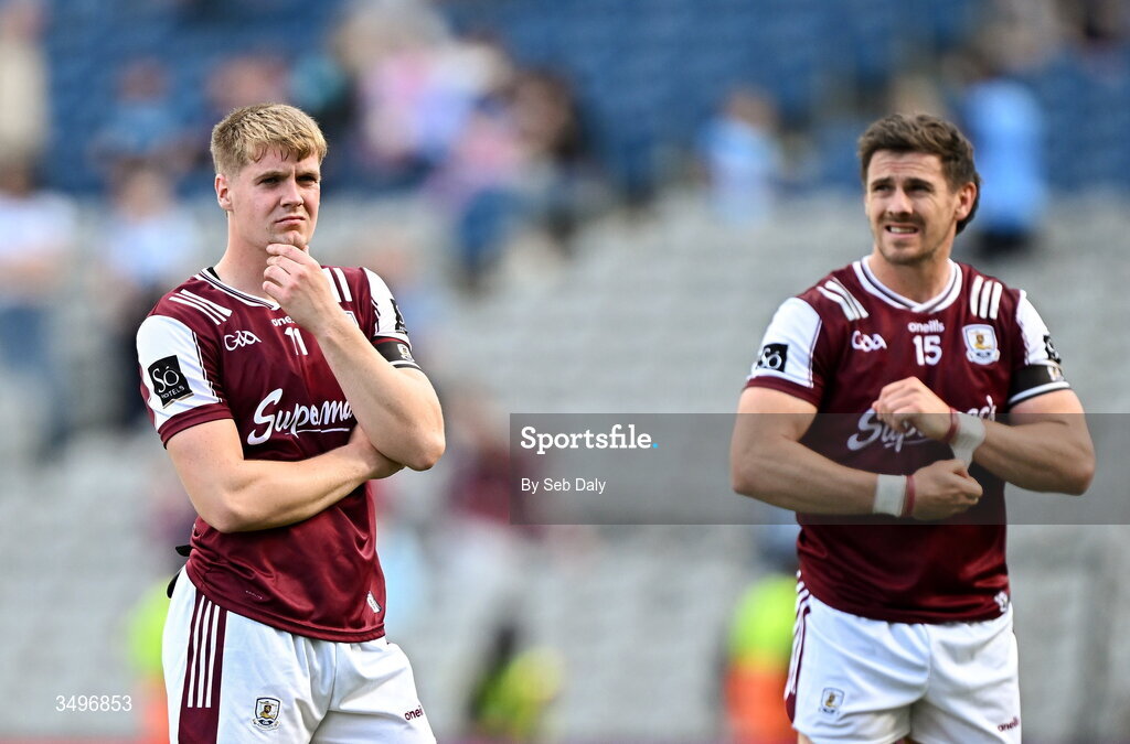 28 June 2026; Galway players Shane McGrath, left, and Shane Walsh after their side's defeat in the GAA Football All-Ireland Senior Championship quarter-final match between Dublin and Galway at Croke Park in Dublin. Photo by Seb Daly/Sportsfile